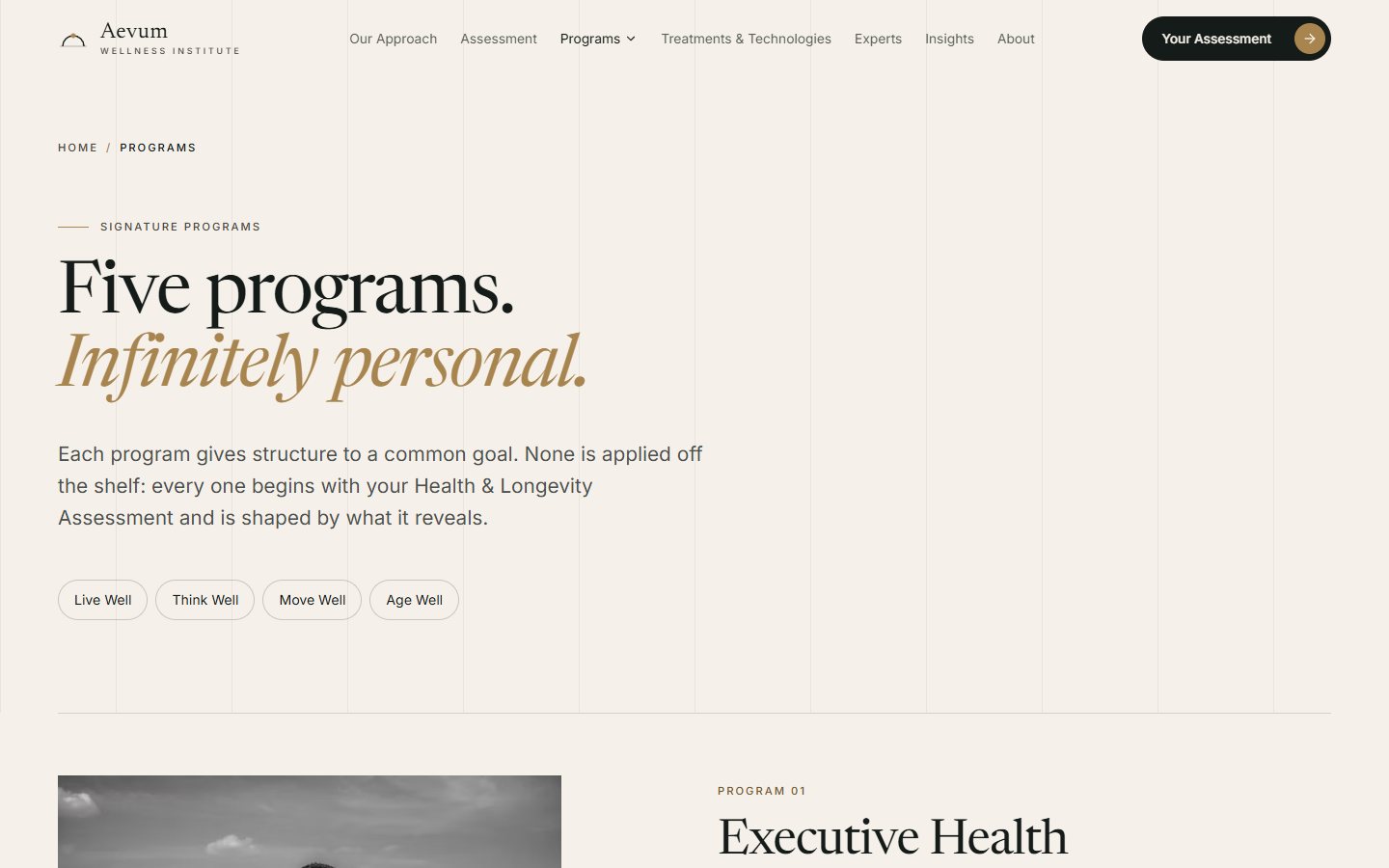 Screenshot of the Aevum demonstration programmes page: headline 'Five programs. Infinitely personal.' with programme filters